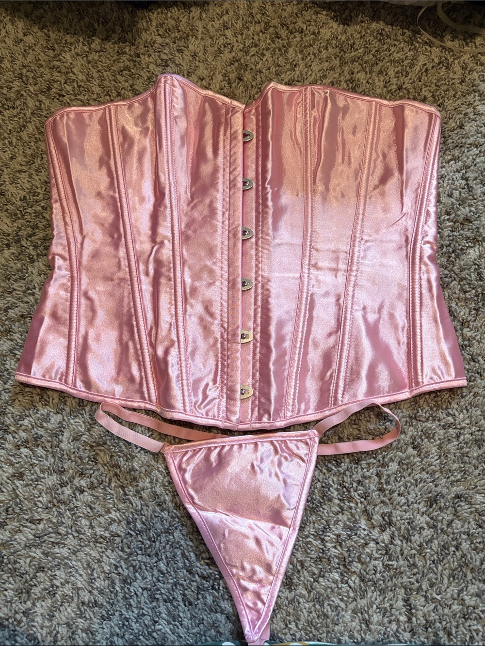 Satin Corset Top and Thong Set - Pink